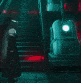 a pixelated image of a person in a dark room with a red light in the middle