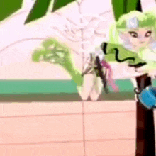a cartoon doll with green hair is standing on a table holding a plant .
