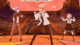 a group of anime characters are dancing on a stage in front of a crowd .