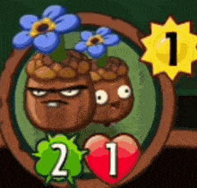 a cartoon of acorns with flowers on their heads in a game with a heart and a sun .