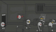 a video game scene with swadians beware signs on the wall