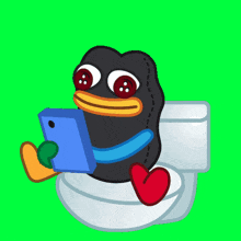 a cartoon duck is sitting on a toilet holding a cell phone