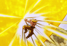 a cartoon character is flying through the air in front of a bright yellow background