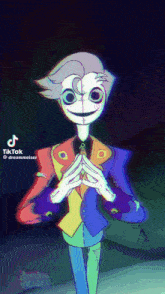 a cartoon character is wearing a colorful suit and tie and making a funny face .