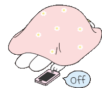 a cartoon of a mushroom holding a cell phone with the word off in a speech bubble