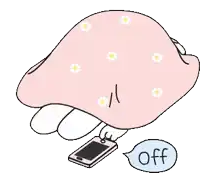 a cartoon of a mushroom holding a cell phone with the word off in a speech bubble