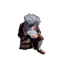 a man in a wig is kneeling down with a bunch of money in his hands