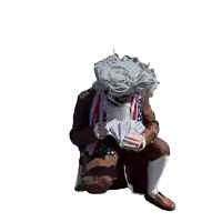 a man in a wig is kneeling down with a bunch of money in his hands
