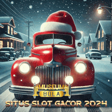 a red car wearing a santa hat is driving down a snow covered street