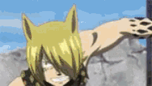a cartoon character with a cat ear and a leopard print on his arm .