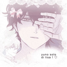 a drawing of a man with a bow on his head and the words yuno solo di lisa