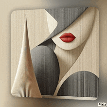 a painting of a woman 's face with red lips and a book behind her