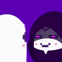 a cartoon character with purple eyes and a speech bubble on his face