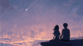 a boy and a girl are sitting on a ledge looking at a shooting star