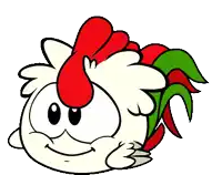 a cartoon rooster with a red tail and green feathers