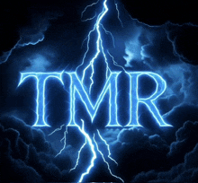 a lightning bolt strikes the word tmr in a cloudy sky