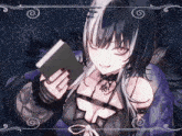 a girl with long black hair is holding a book in her hands