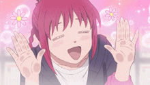 a girl with pink hair is making a funny face