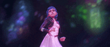 a girl with blue hair and a white dress is dancing in a dark room