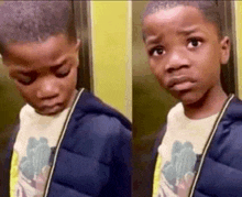 a young boy is standing in an elevator making a funny face .