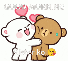 a cartoon of two teddy bears hugging each other with the words `` good morning mister ko '' .