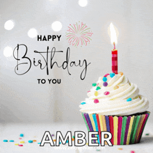 a birthday card for amber with a cupcake and a lit candle