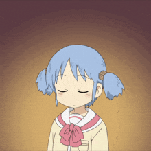 a cartoon of a girl with blue hair and a pink bow tie
