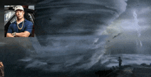 a picture of a man standing in front of a tornado with the word jeep on it