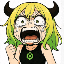 a cartoon drawing of a girl with horns and green hair crying