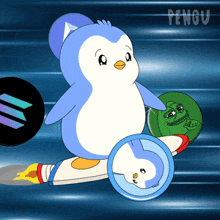 a penguin is sitting on a rocket surrounded by coins and the word pengu is on the bottom