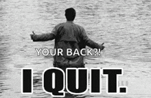 a man is standing in the water with his arms outstretched and the words `` your back ? i quit '' .