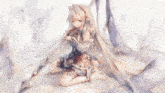 a painting of a girl with long white hair holding a sword