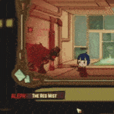 a cartoon character named aleph is in a room