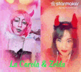 a woman in a devil costume is next to a woman in a zelda costume ..