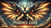an advertisement for phoenix core shows a robot with wings spread