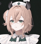 a girl with horns wearing a nurse 's hat with a green cross on it