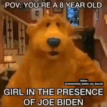 a bear from blue's clues is talking to a girl in the presence of joe biden