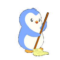 a blue and white penguin is holding a mop on a white background