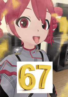 a girl sticking her tongue out next to a number 67