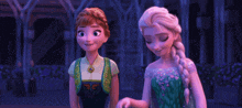 anna and elsa from frozen are standing next to each other and smiling