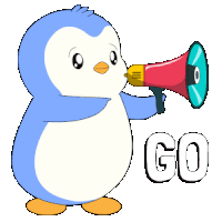 a cartoon penguin is holding a megaphone and the word go is below it