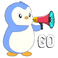 a cartoon penguin is holding a megaphone and the word go is below it