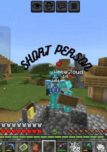 a screenshot of a minecraft game shows a short person holding a sign