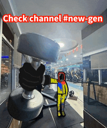 a cartoon of a person holding a dumbbell in a gym with the caption check channel # new-gen