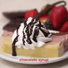 a piece of cake with whipped cream and chocolate syrup on a white plate