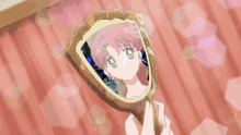 a girl is looking at herself in a mirror