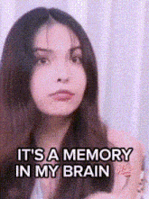 a woman with long hair is making a funny face with the words `` it 's a memory in my brain '' .