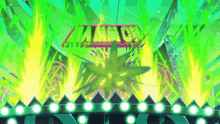 a cartoon drawing of a stage with a marijuana leaf in the background and the word zanzibar