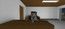 a cartoon character is sitting at a desk with a rifle in front of him