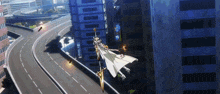 a person is flying over a highway with a sword